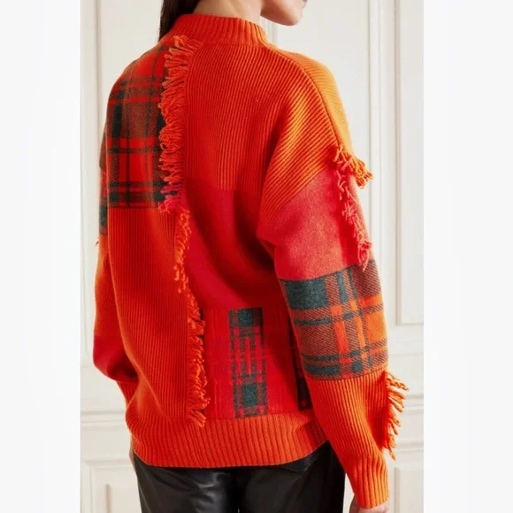 VERSACE Red Fringe Patchwork Wool Sweater With Saferty Pin Embellishment Size XS